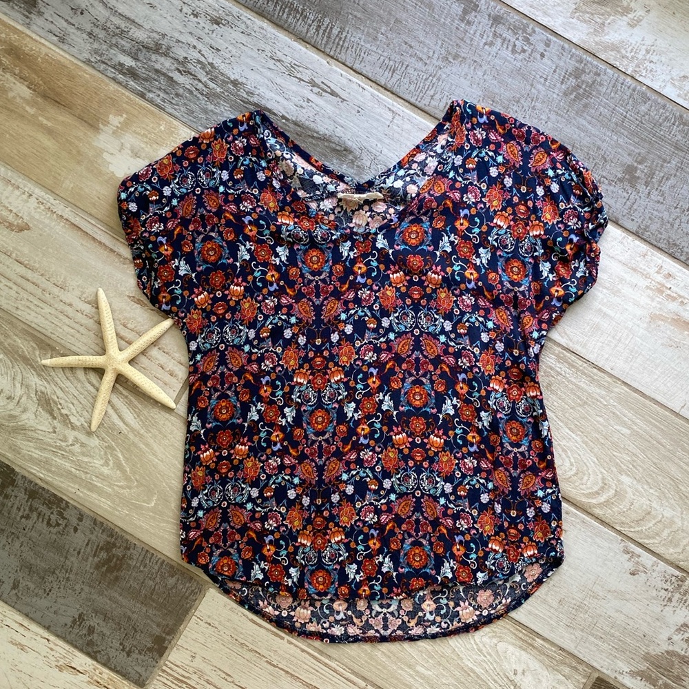 Navy Floral Blouse with Cuff Sleeves